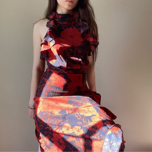 NWT Red and Back Floral Ruffle Design Asymmetrical Maxi Dress - Picture 1 of 11